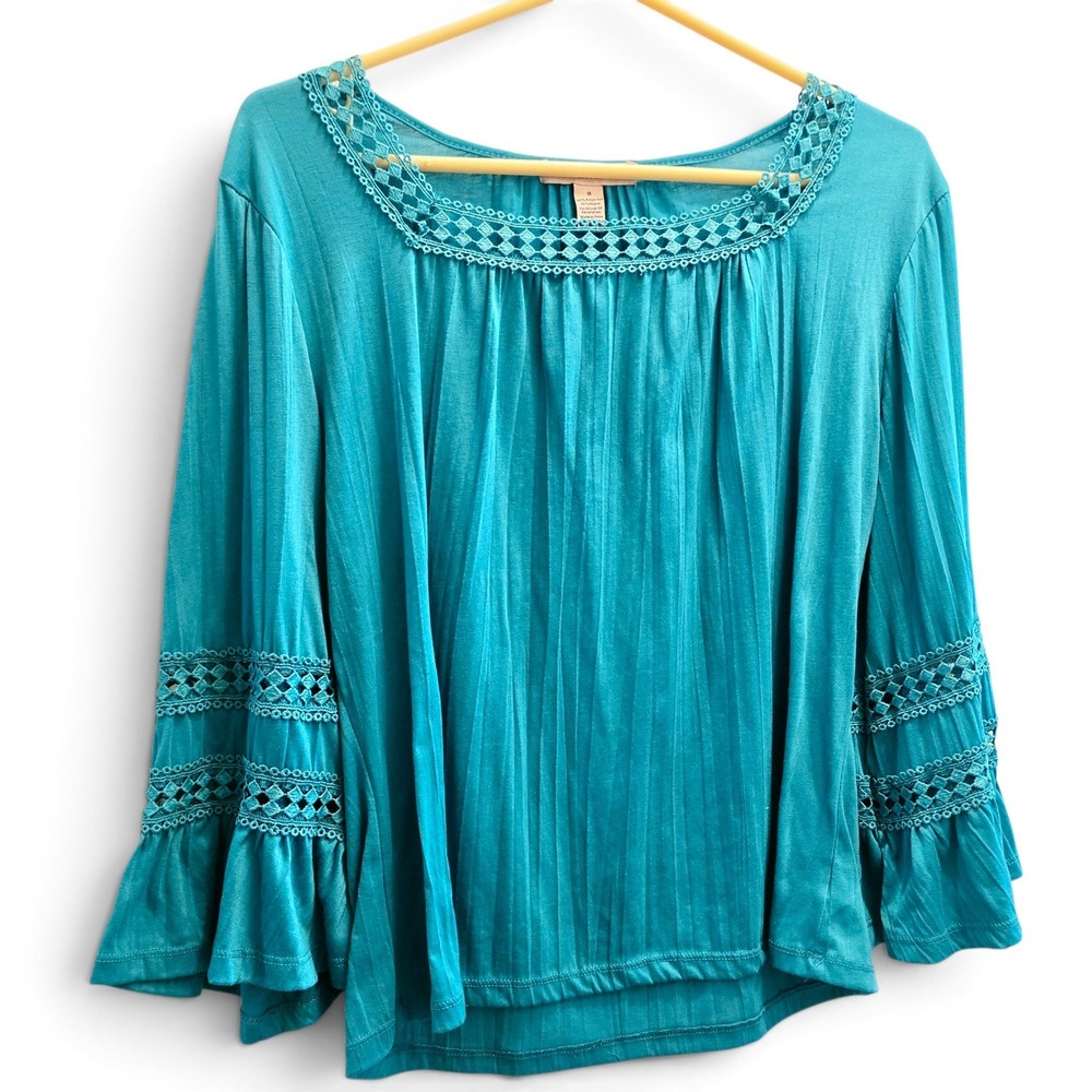 Carolyn Taylor Crochet Trim Bell Sleeve Boho Peasant Top Women's M Teal Green